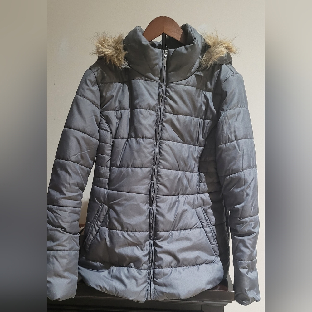 Rampage Gray Puffer Jacket with Faux Fur Hood
